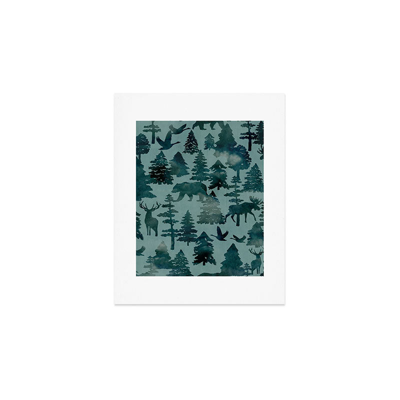 The Wild North, Wildlife, Blue Silhouette Forest and Animal Print Art Print Gallery Image 1