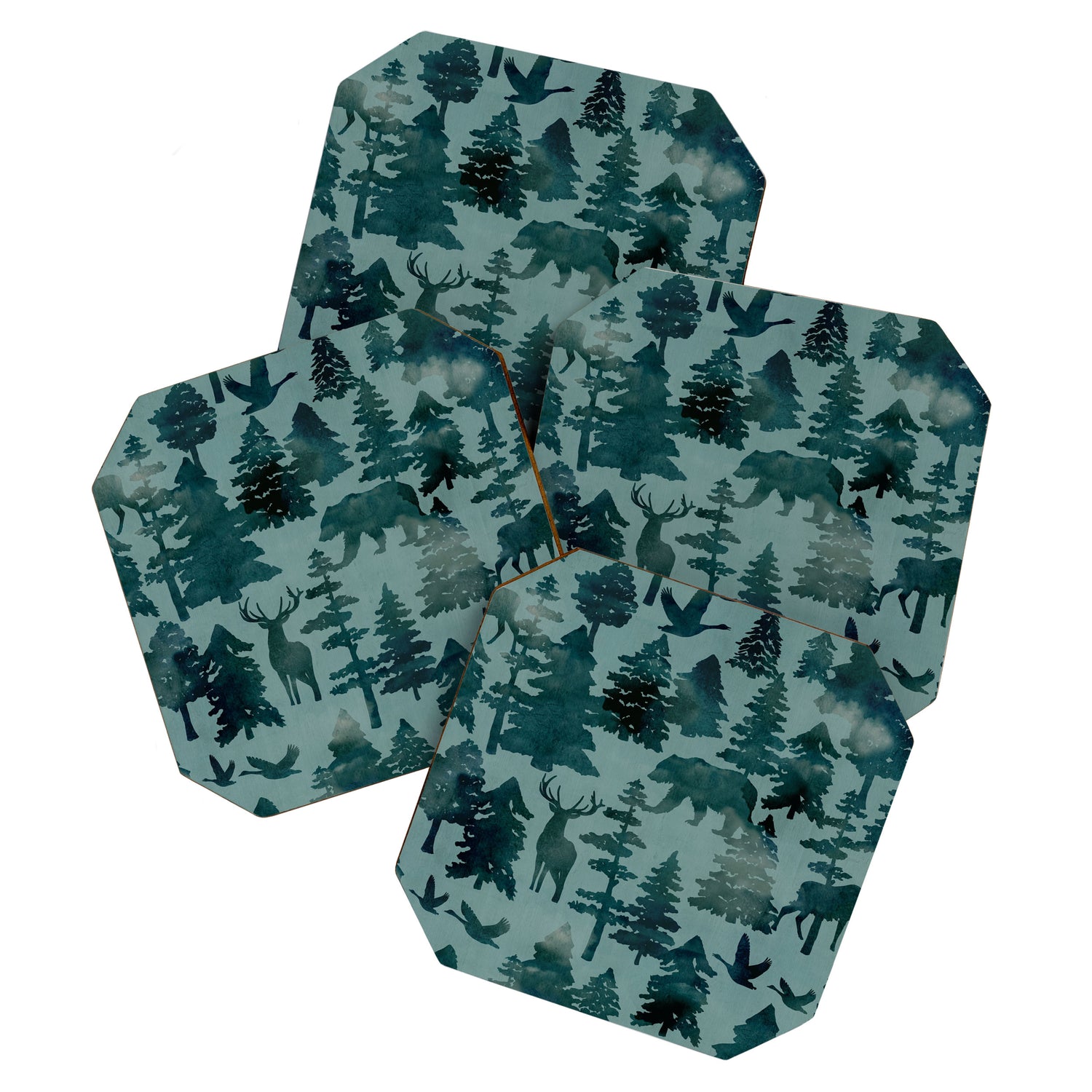 The Wild North, Wildlife, Blue Silhouette Forest and Animal Print Coaster Gallery Image 1