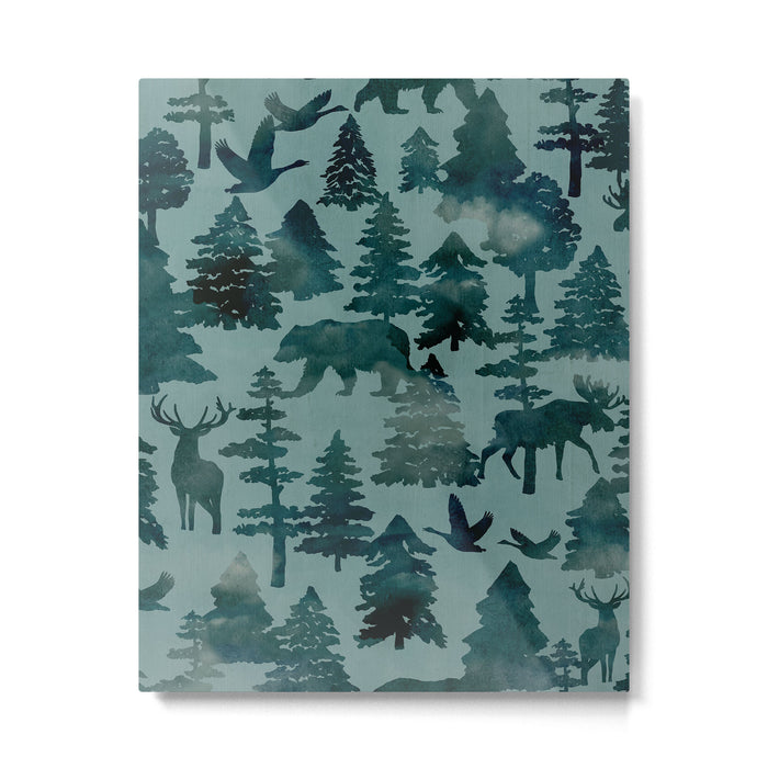 The Wild North, Wildlife, Blue Silhouette Forest and Animal Print Metal Print Gallery Image 1