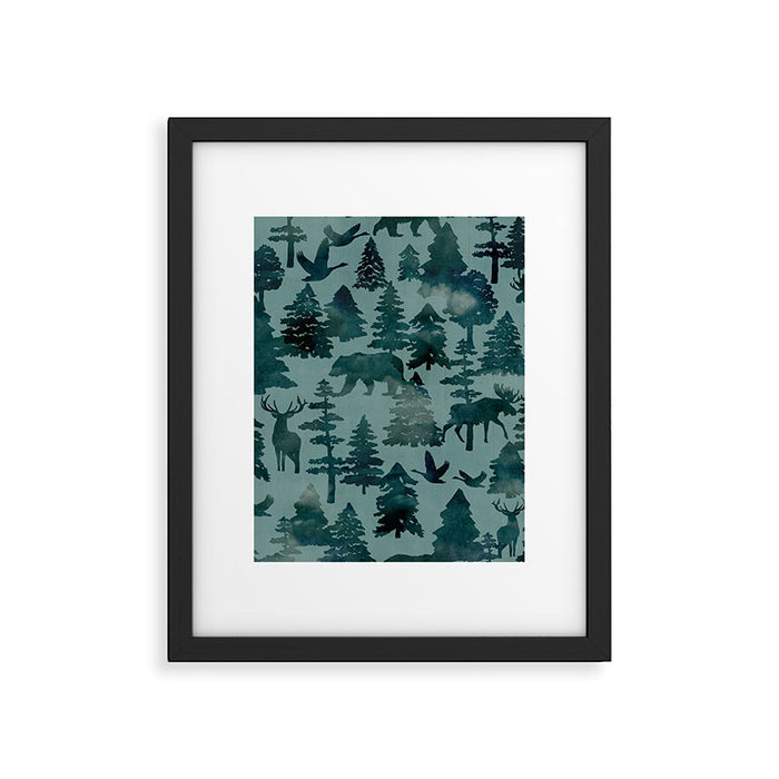 The Wild North, Wildlife, Blue Silhouette Forest and Animal Print Framed Art Print Gallery Image 1