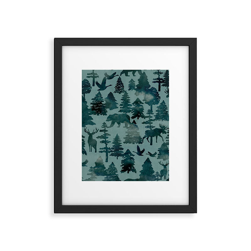 The Wild North, Wildlife, Blue Silhouette Forest and Animal Print Framed Art Print Gallery Image 6