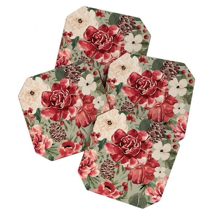 Vintage Christmas Floral on Sage Green Coaster Gallery Image 1