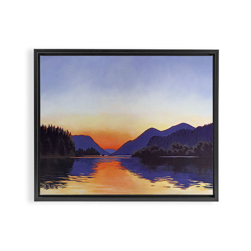 Sunset Over Mountains and River - Sunset in Hood River Framed Canvas Print