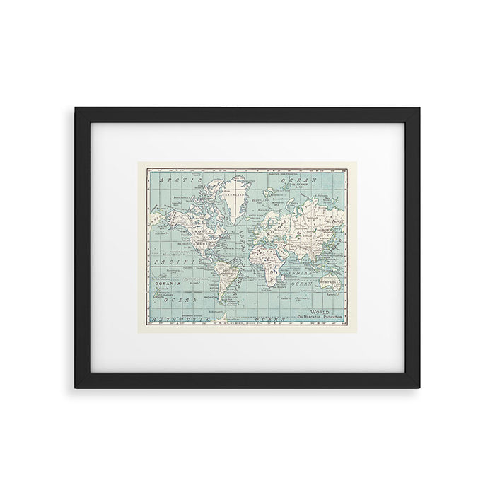 World Map in Blue and Cream Framed Art Print Gallery Image 1