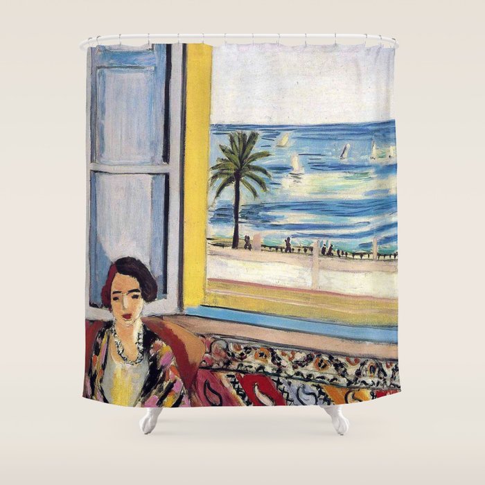 Seated Woman, Back Turned to the Open Window of Ocean & Seaside by Henri Matisse Shower Curtain Gallery Image 1