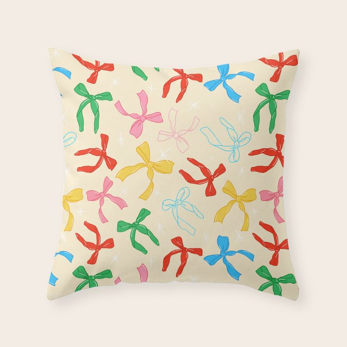 Festive Coquette Bow Pattern on Cream Throw Pillow Gallery Image 1