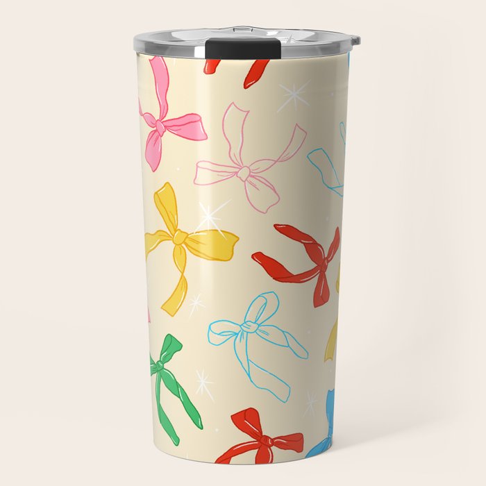 Festive Coquette Bow Pattern on Cream Travel Mug Gallery Image 1