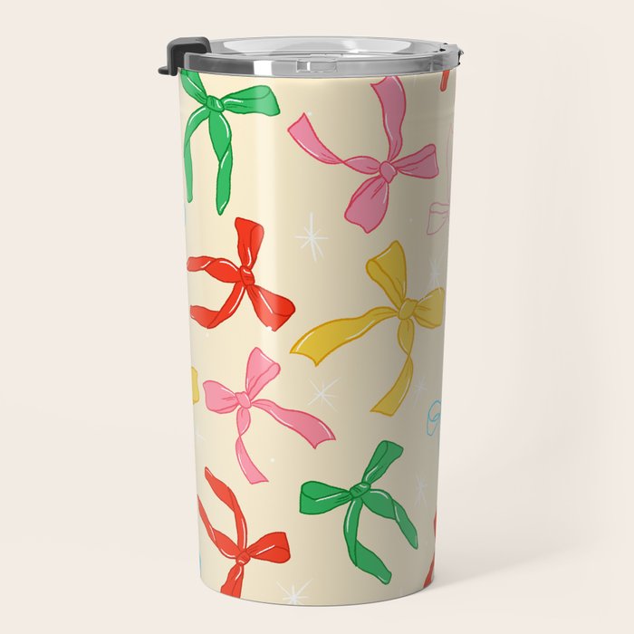 Festive Coquette Bow Pattern on Cream Travel Mug Gallery Image 3
