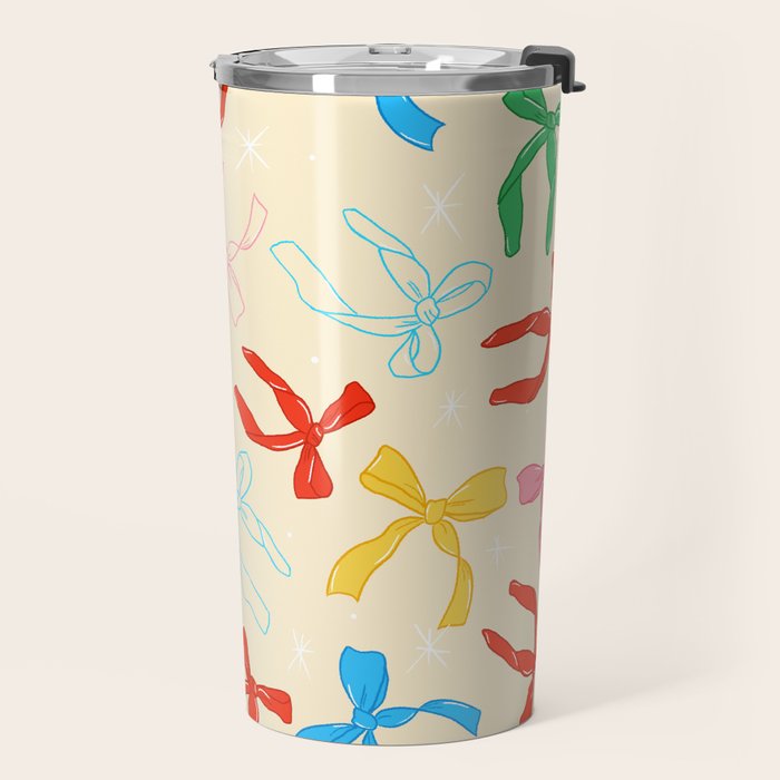 Festive Coquette Bow Pattern on Cream Travel Mug Gallery Image 2