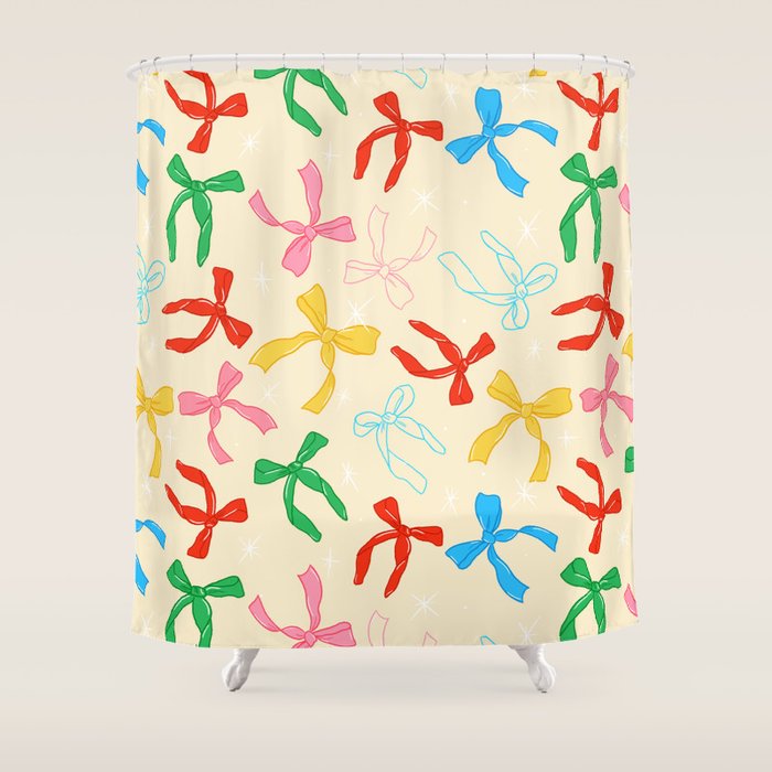 Festive Coquette Bow Pattern on Cream Shower Curtain Gallery Image 1