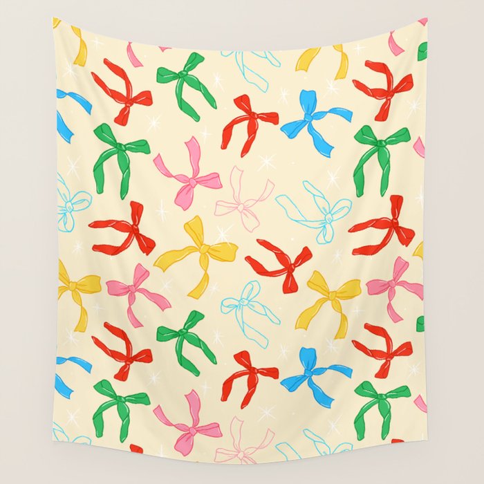 Festive Coquette Bow Pattern on Cream Wall Tapestry Gallery Image 1