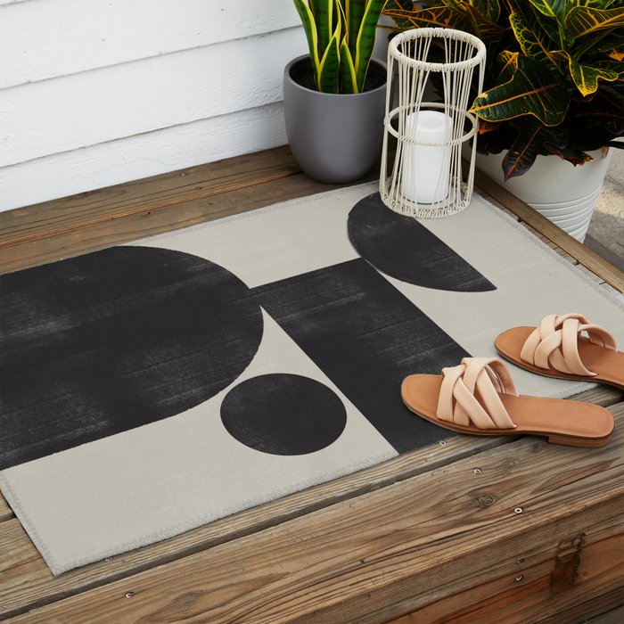 Abstract Black and Beige Geometric No. 1 Outdoor Rug Gallery Image 2