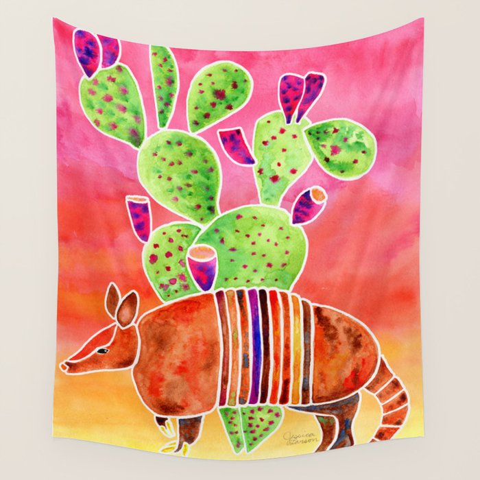 Armadillo and Cactus - Sunset Ombre Background Wall Tapestry Gallery Image 4