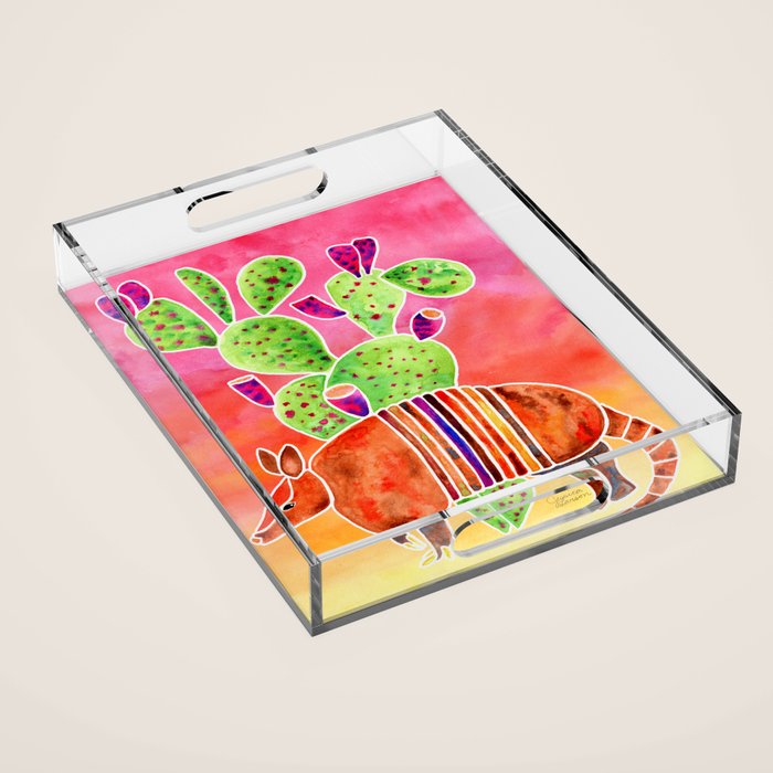 Armadillo and Cactus - Sunset Ombre Background Acrylic Tray Gallery Image 1