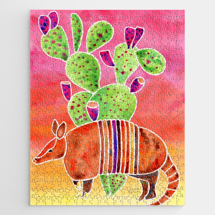 Armadillo and Cactus - Sunset Ombre Background Jigsaw Puzzle Gallery Image 1
