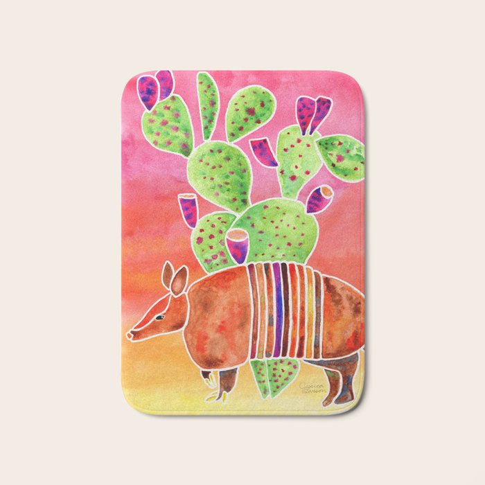 Armadillo and Cactus - Sunset Ombre Background Bath Mat Gallery Image 1