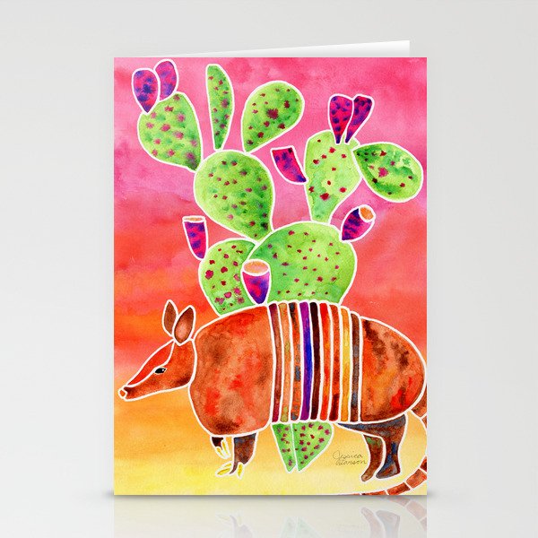 Armadillo and Cactus - Sunset Ombre Background Stationery Card Gallery Image 1