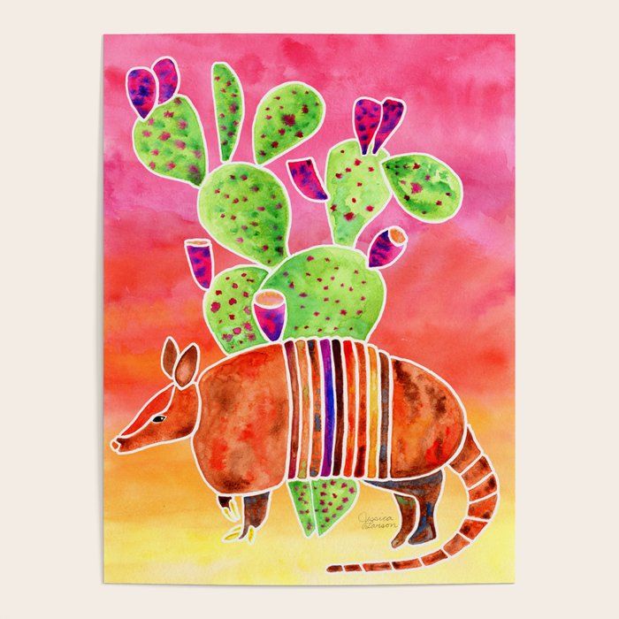 Armadillo and Cactus - Sunset Ombre Background Poster Gallery Image 1