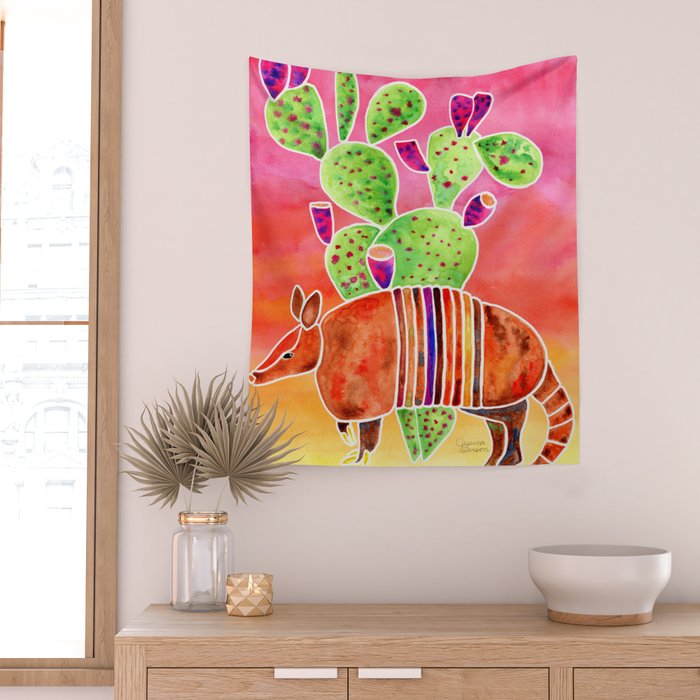 Armadillo and Cactus - Sunset Ombre Background Wall Tapestry Gallery Image 2