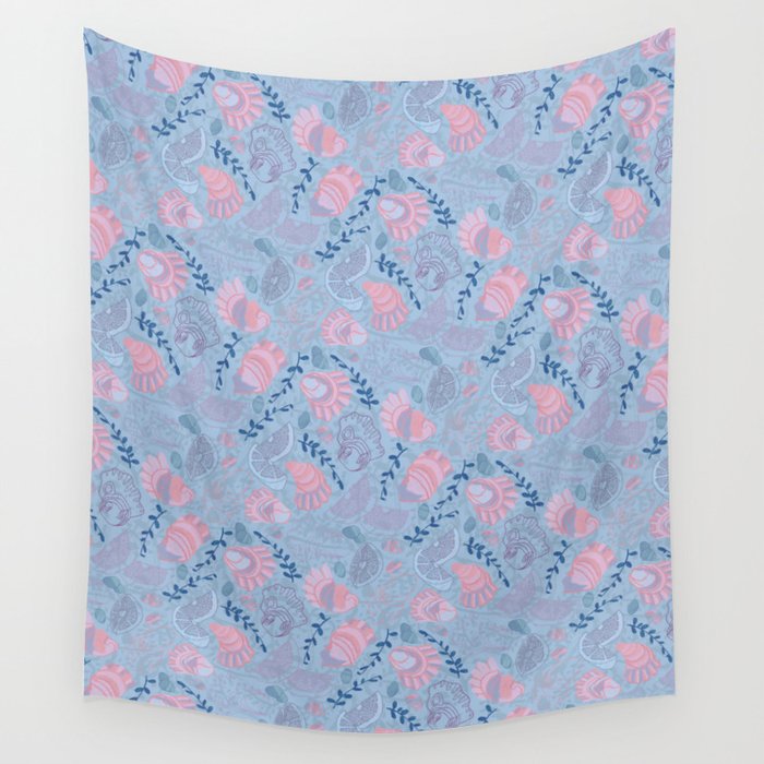 Coastal Oysters on the Beach in Sea Blue & Lavender Wall Tapestry Gallery Image 4