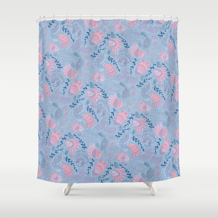 Coastal Oysters on the Beach in Sea Blue & Lavender Shower Curtain Gallery Image 1