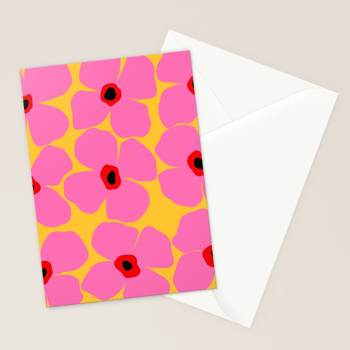 Abstract Pink Flowers With Yellow Background Stationery Card Gallery Image 2