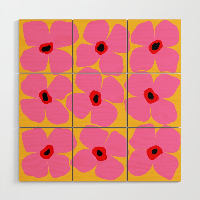 Abstract Pink Flowers With Yellow Background Wood Wall Art Gallery Image 1