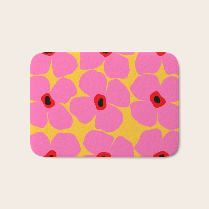 Abstract Pink Flowers With Yellow Background Bath Mat Gallery Image 1
