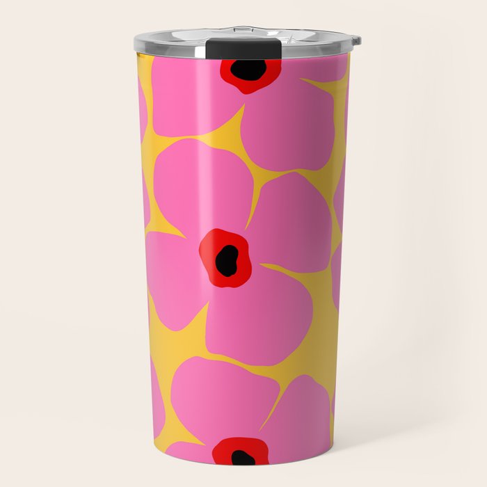 Abstract Pink Flowers With Yellow Background Travel Mug Gallery Image 1