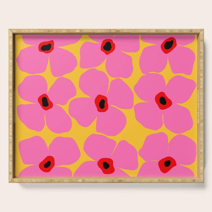 Abstract Pink Flowers With Yellow Background Serving Tray Gallery Image 1