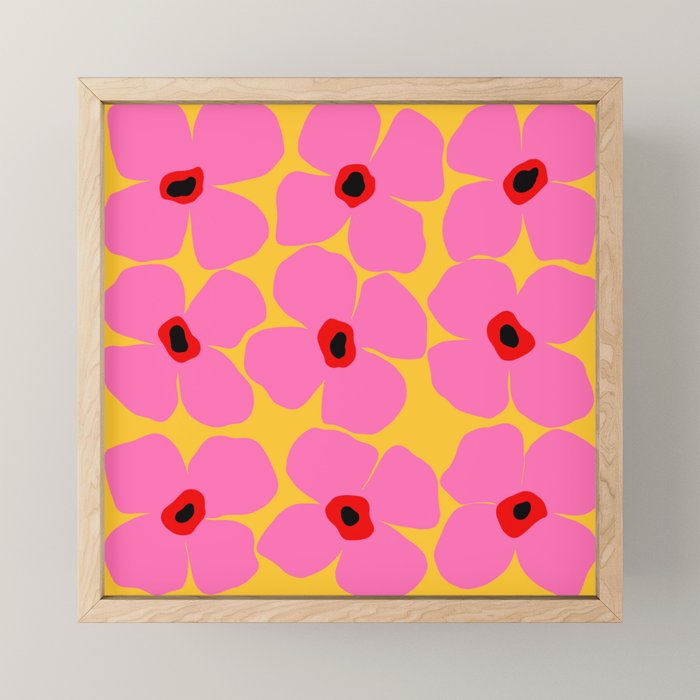 Abstract Pink Flowers With Yellow Background Mini Art Print Gallery Image 1