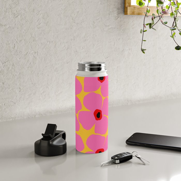 Abstract Pink Flowers With Yellow Background Water Bottle Gallery Image 5