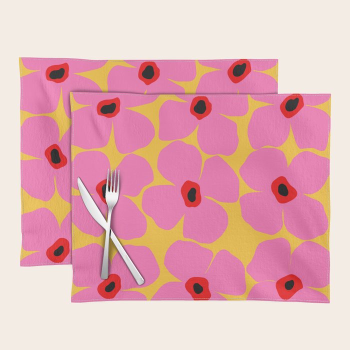 Abstract Pink Flowers With Yellow Background Placemat Gallery Image 1