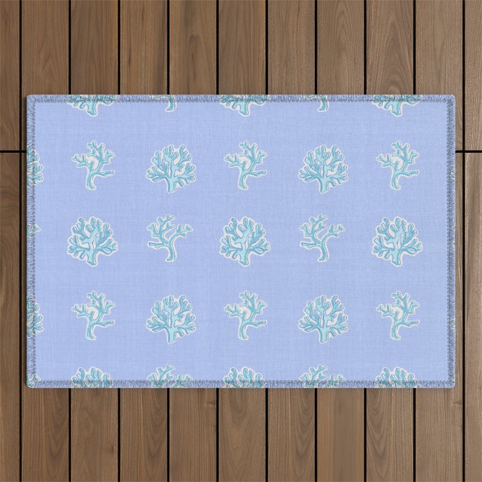 Coastal Coral Block Print in Blue and Aqua Outdoor Rug Gallery Image 1
