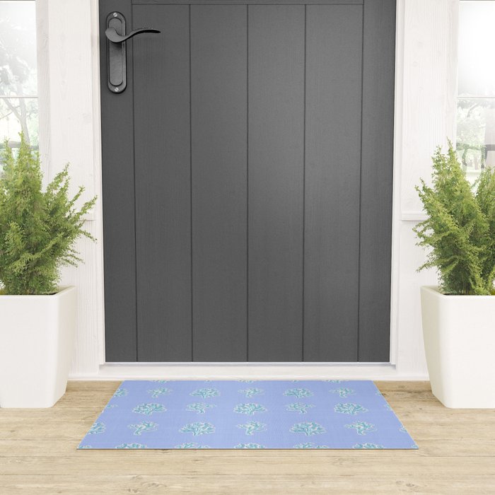 Coastal Coral Block Print in Blue and Aqua Welcome Mat Gallery Image 3