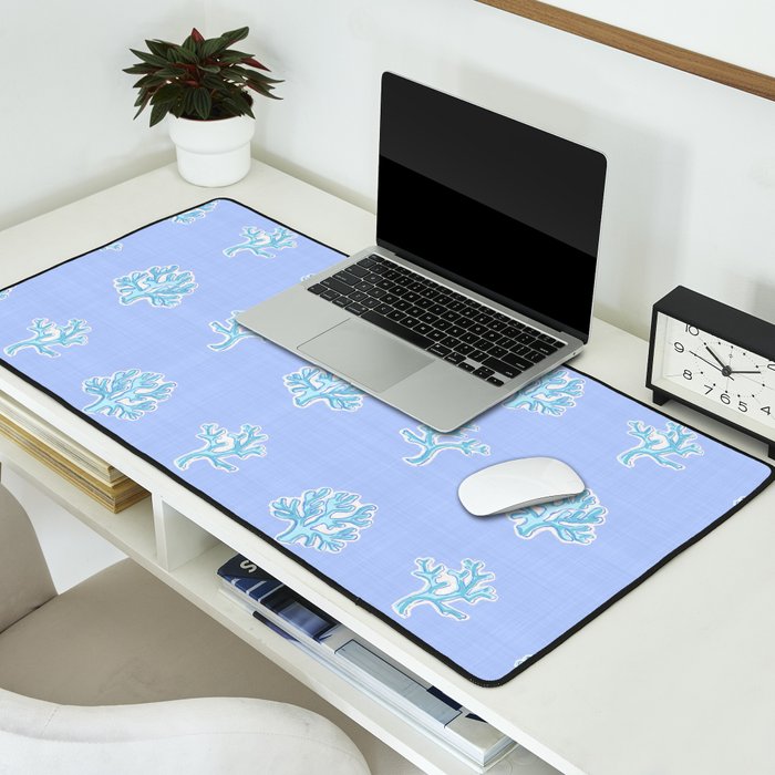 Coastal Coral Block Print in Blue and Aqua Desk Mat Gallery Image 2
