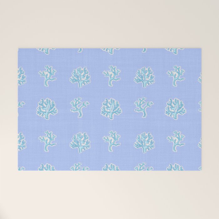 Coastal Coral Block Print in Blue and Aqua Welcome Mat Gallery Image 1