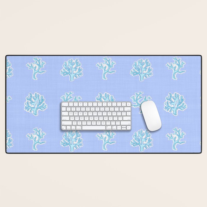 Coastal Coral Block Print in Blue and Aqua Desk Mat Gallery Image 1