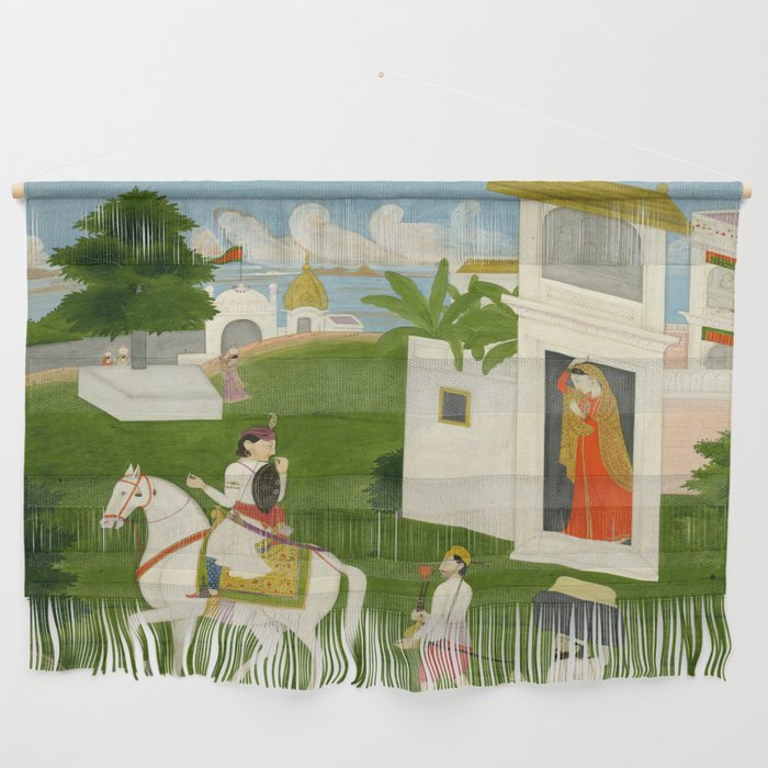  Painting. Love. A prince on a horse with attendants, taking leave of a lady. Indian Art Painted on paper.  Wall Hanging Gallery Image 1