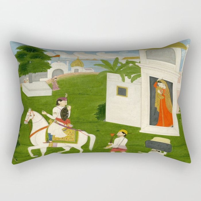  Painting. Love. A prince on a horse with attendants, taking leave of a lady. Indian Art Painted on paper.  Rectangular Pillow Gallery Image 2