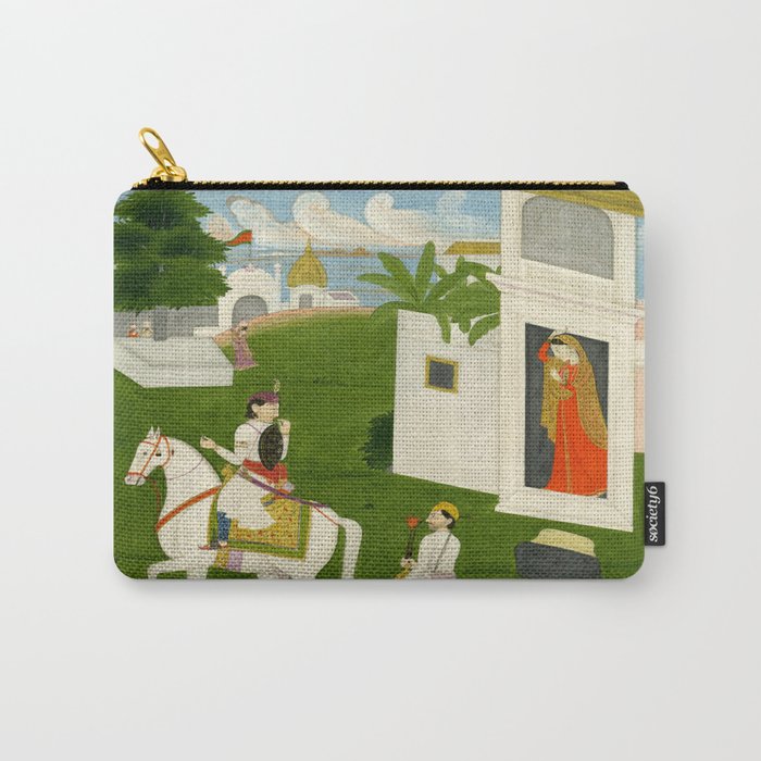  Painting. Love. A prince on a horse with attendants, taking leave of a lady. Indian Art Painted on paper.  Carry All Pouch Gallery Image 1
