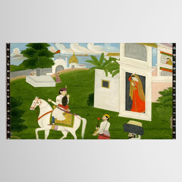  Painting. Love. A prince on a horse with attendants, taking leave of a lady. Indian Art Painted on paper.  Tablecloth Gallery Image 2