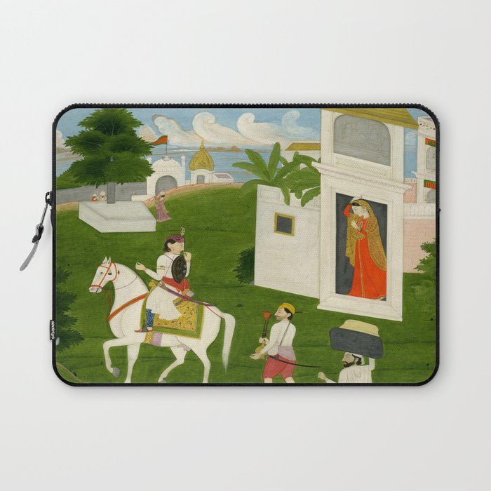  Painting. Love. A prince on a horse with attendants, taking leave of a lady. Indian Art Painted on paper.  Laptop Sleeve Gallery Image 1