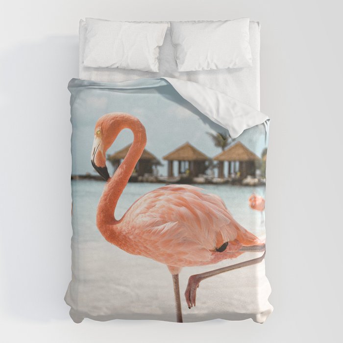 Pink Flamingo Beach Summer Photo | Aruba Tropical Island Art Print | Caribbean Travel Photography Duvet Cover Gallery Image 1