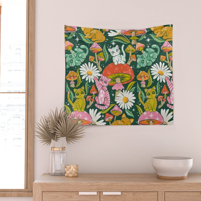 Kittens & Shrooms - Rainbow on Kelly Green Wall Tapestry Gallery Image 2