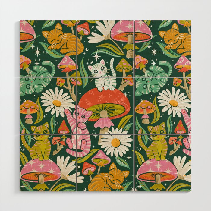 Kittens & Shrooms - Rainbow on Kelly Green Wood Wall Art Gallery Image 1