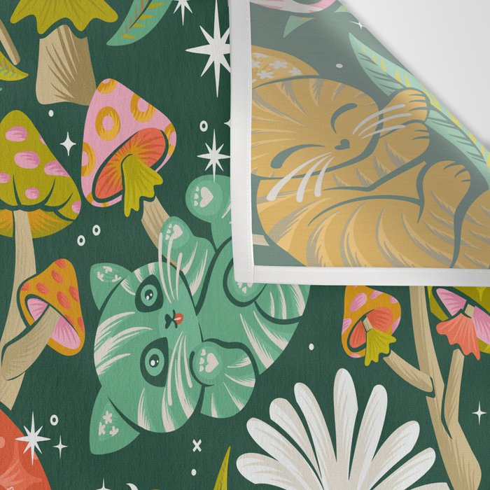 Kittens & Shrooms - Rainbow on Kelly Green Wall Tapestry Gallery Image 3