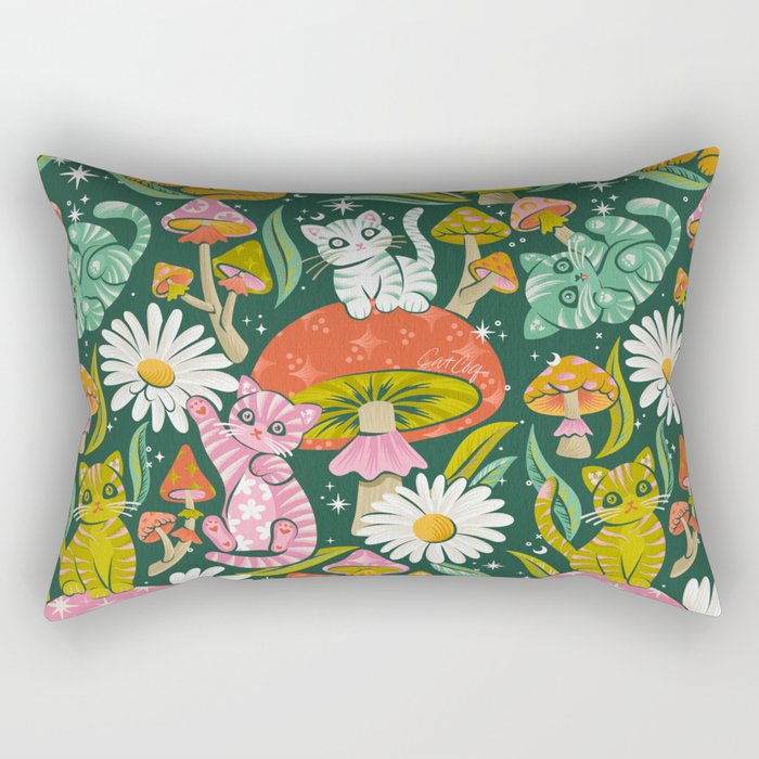 Kittens & Shrooms - Rainbow on Kelly Green Rectangular Pillow Gallery Image 1
