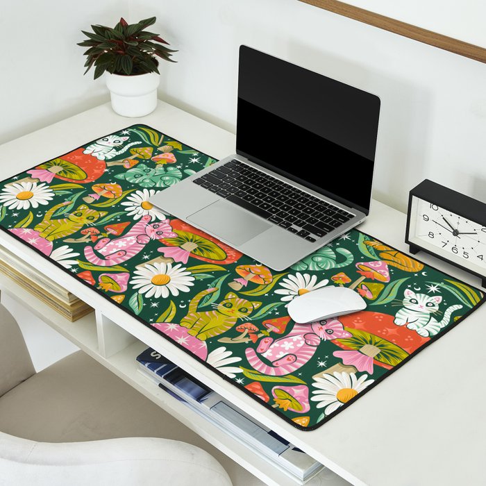 Kittens & Shrooms - Rainbow on Kelly Green Desk Mat Gallery Image 2