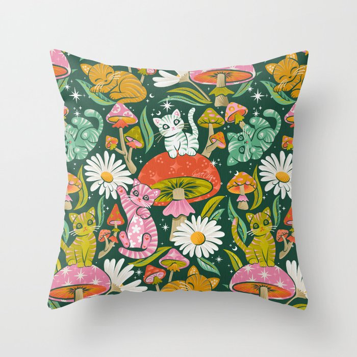 Kittens & Shrooms - Rainbow on Kelly Green Throw Pillow Gallery Image 6
